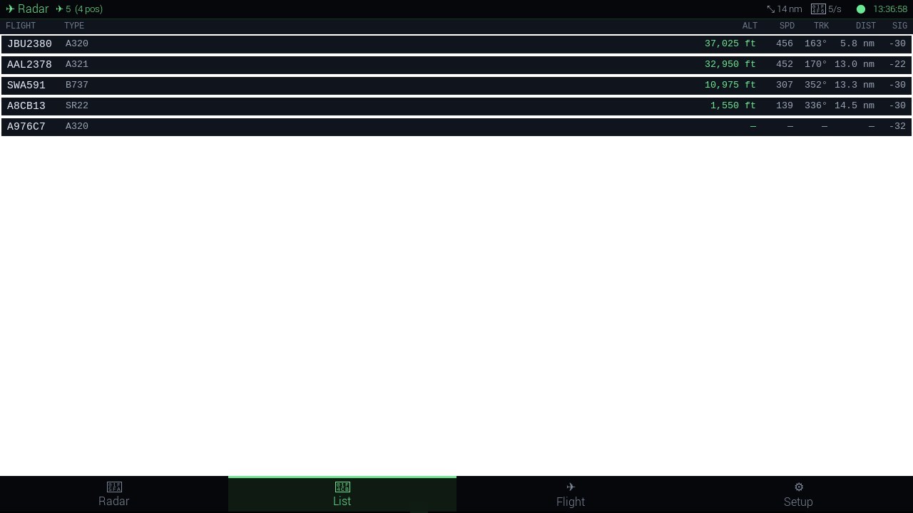 uc-adsb list view showing flight, aircraft type, altitude, speed, track, distance and signal strength