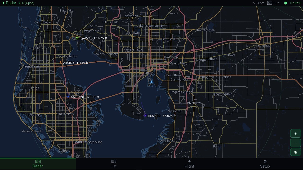 uc-adsb radar view showing live aircraft over Tampa Bay on a detailed offline street map
